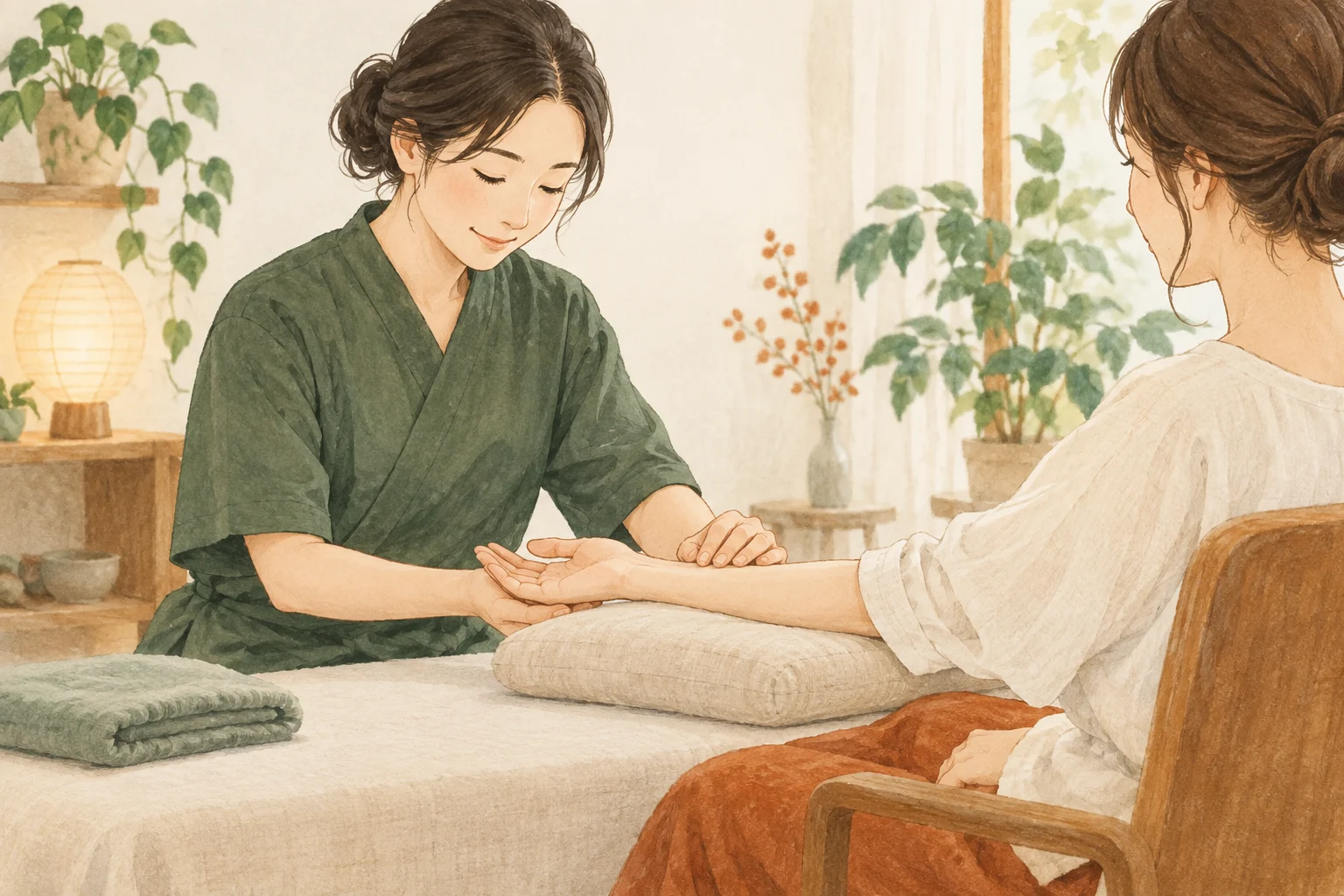 体の様子を確かめながら穏やかにケアするイラスト