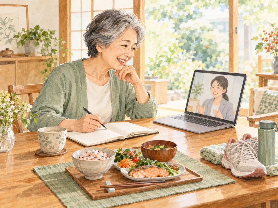 「糖尿病と睡眠障害のある70代女性へのオンライン栄養＆運動カウンセリング」の内容を描いた養生堂のイラスト