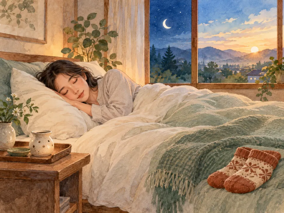 「【症例紹介】薬を飲んでも眠れなかった40代女性が「10時間ぐっすり眠れた」理由とは？」の内容を描いた養生堂のイラスト