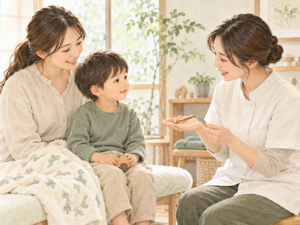 「👶 お子さまへの鍼灸施術について」の内容を描いた養生堂のイラスト