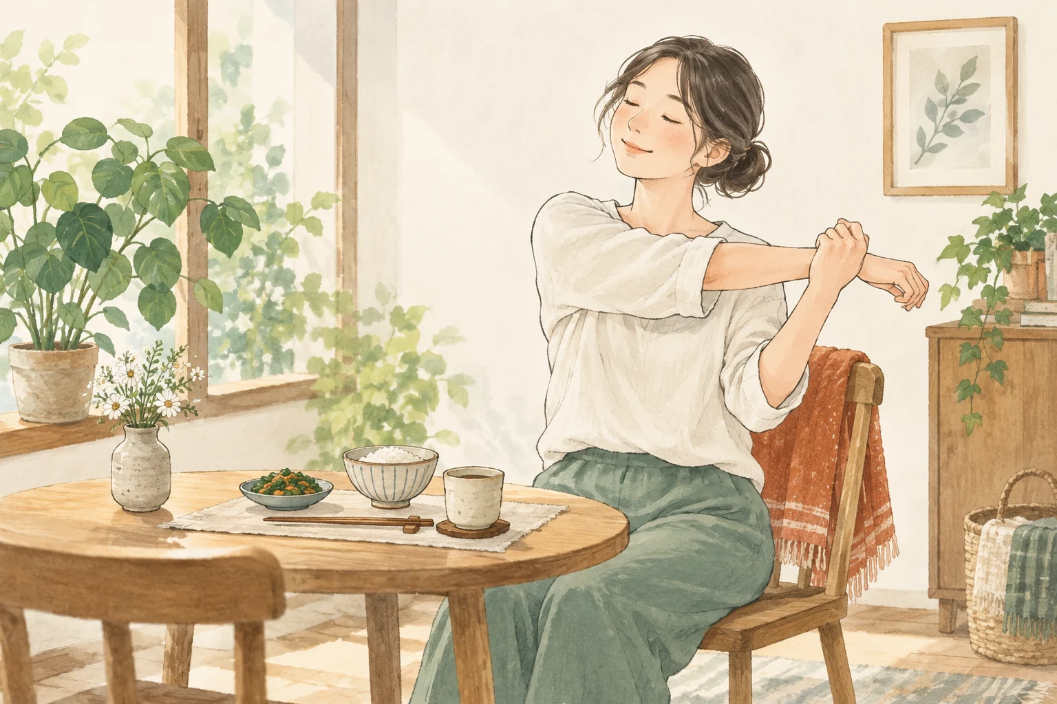 食事や穏やかな動きを暮らしへ取り入れるイラスト